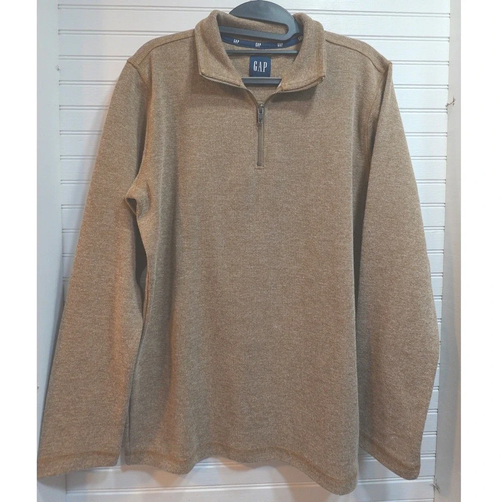 GAP Quarter Zip Sweater Men's Small Neutral Brown Cotton Blend Ribbed Knit